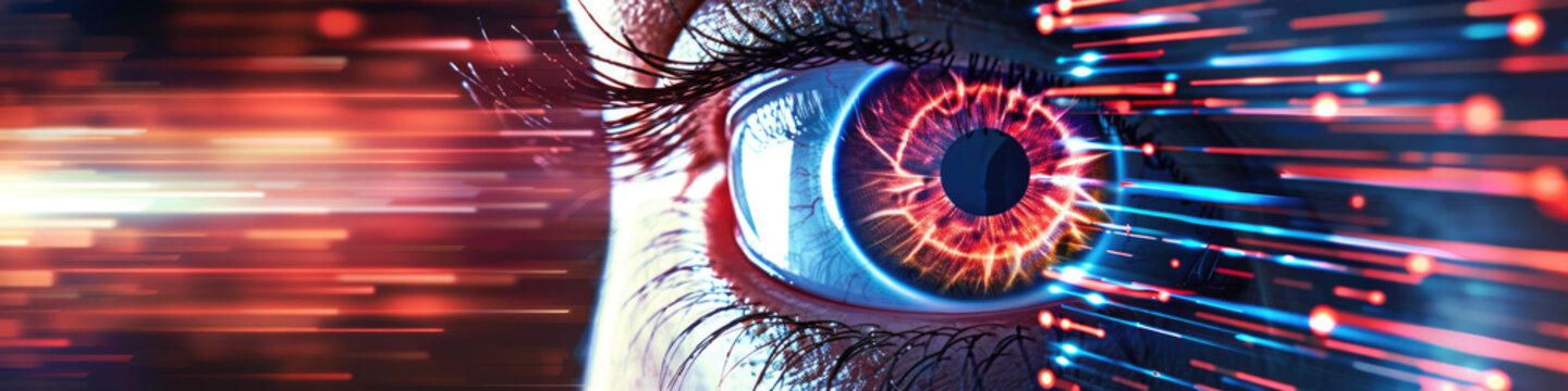 A close-up photo of a digital eye with streaks of red and blue light radiating outward