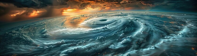 Wall Mural - Dramatic aerial view of a massive swirling hurricane over the ocean with stunning sunset in the background, capturing nature's raw power.