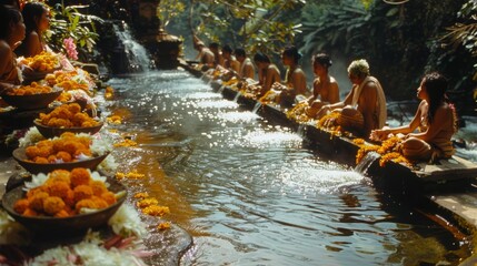 Balinese hindus take part in melukat, a sacred cleansing ceremony with holy water at a temple in bali