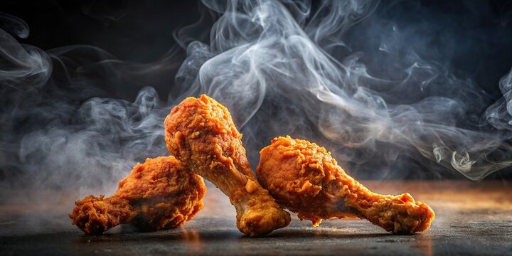 Fiery fried chicken drumsticks enveloped in a misty haze, spicy, food, crispy, delicious, hot, legs, smoke, cooked, tasty