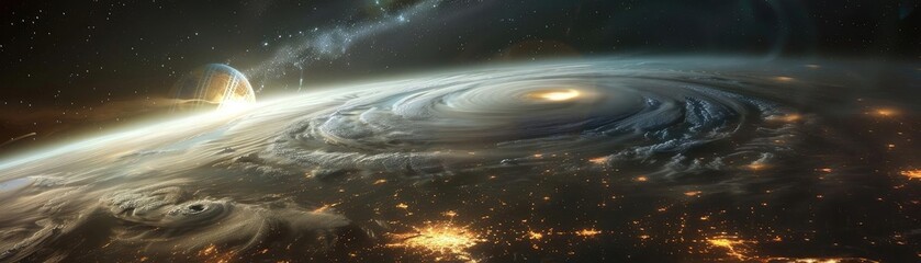 Wall Mural - A stunning depiction of a cosmic landscape with swirling planetary formations, glowing lights, and distant celestial bodies.