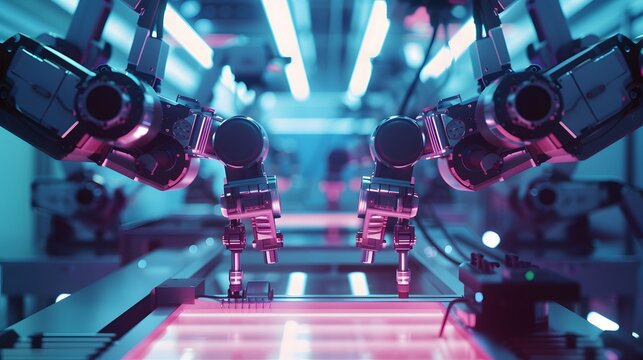 Automated AI industry robots and robotic arms assembling in a factory production setting, highlighting the concept of artificial intelligence in the industrial revolution.