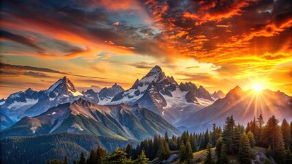 Wall Mural - Scenic sunset over majestic mountain peaks, sunset, mountains, scenic, landscape, nature, dusk, sky, colors, evening, outdoors