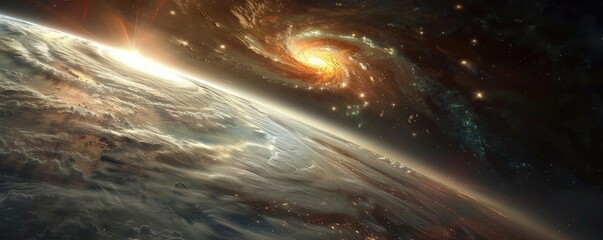 dramatic space scene with a swirling galaxy alongside a distant planet, glowing with cosmic brillian