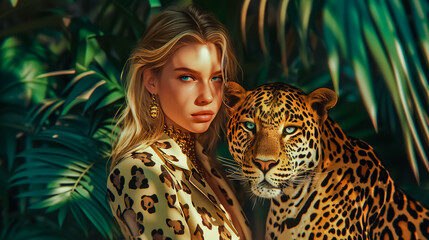 Wall Mural - A blonde hair woman in a leopard print suit stands next to a leopard, look at camera.