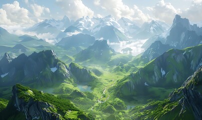 Wall Mural - An epic wide-angle view capturing fantasy mountains overlooking a vibrant green valley, ideal for adventurous and mythical themes