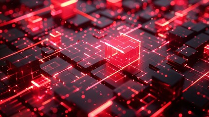 abstract red technology background with glowing cubes, a 3d rendering of a red glowing blockchain ne