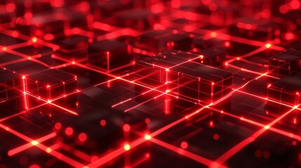 Abstract red technology background with glowing cubes, a 3D rendering of a red glowing blockchain network with interconnected blocks and data fields.