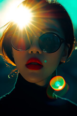 Wall Mural - Portrait of a gorgeous South Korean woman with red lipstick and glossy skin and pitch black sunglasses, her silhouette outlined by the brilliant sun behind her.