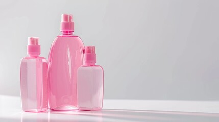 Canvas Print - Pink plastic bottles for cosmetics and hygiene products on a white background with space for text