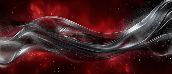 Wall Mural - A red and silver wave with a lot of sparkles. Digital particles wave and light abstract background