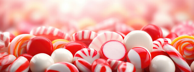 Assorted red and white candies, light bokeh Christmas holiday background banner