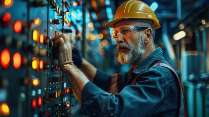 Wall Mural - A man in a yellow hard hat is working on a control panel