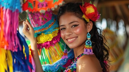 Smiling woman in traditional attire with colorful decorations