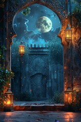 illustration of a mosque during night eid mubarak