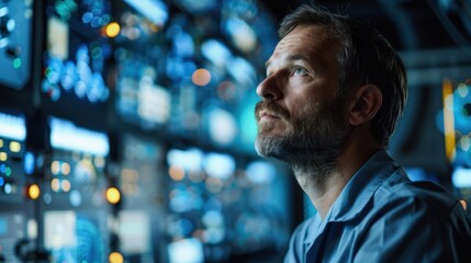 Wall Mural - A man is looking at a computer screen with many monitors