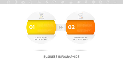 Business vector infographics with two circles and arrows. Timeline visualization with 2 steps for diagram, flowchart, banner, presentations, web, content, levels, chart, graphic