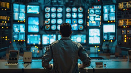 Wall Mural - A man is sitting in front of a computer monitor with many screens