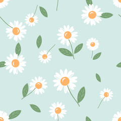 Sticker - Seamless pattern of daisy flower with green leaves on green background vector. Cute floral print.