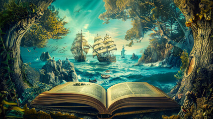 Wall Mural - An open magic book with a fairy tale landscape in background