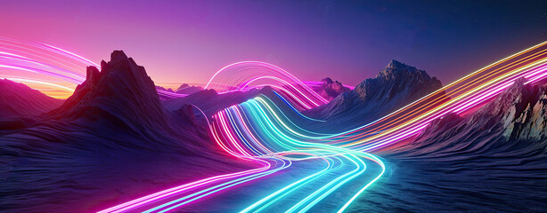 Poster - Surreal landscape: rocky mountains and neon curvy colorful lines in motion. Flowing energy concept. Glowing trajectory path data flow concept