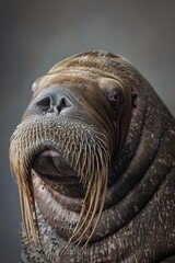 Poster -  A tight shot of a seal sporting a mustache above its lip and another one on its head against a gray backdrop