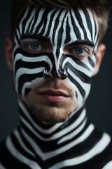 Wall Mural -  A man with a zebra-painted face gazes intently into the camera against a black-and-white backdrop