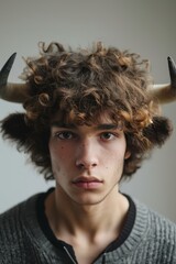 Wall Mural -  A young man with a horned head and horns adorns his head He gazes seriously into the camera, standing against a gray backdrop