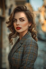 Wall Mural - Woman in suit, red lipstick City street with buildings, cobblestone paths Woman wears red lipstick
