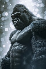 Wall Mural -  A gorilla stands in the snow, hands on chest, head turned - appearing as if donning a gorilla suit with chest fur