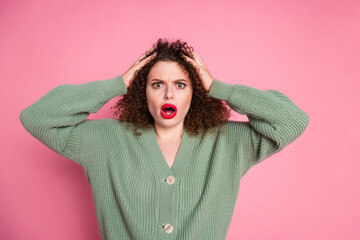 Wall Mural - Photo of shocked impressed lovely woman wear stylish khaki clothes wow news isolated on pink color background