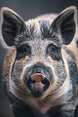 Sticker -  A close-up of a pig's face featuring black-and-white stripes encircling its nostrils