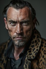 Wall Mural -  A close-up of a person wearing a jacket adorned with leopard print, accompanied by a black shirt featuring identical leopard prints