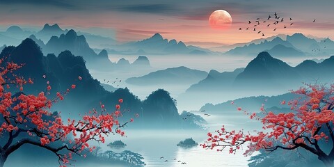 Wall Mural - an oriental wallpaper with wave bamboo birds and cherry blossoms the landscape is dominated by mountains.illustration