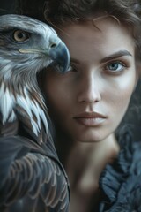 Wall Mural -  A woman holds a bird of prey in each hand against a black background