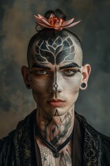 Wall Mural -  A man with a tattoo on his face wears a black shirt and holds a flower in his hair