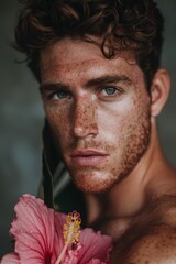 Wall Mural -  A man holds a flower in his left hand, and freckles decorate both his face and left shoulder