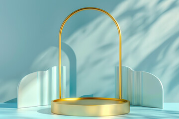 Product podium platform with golden arch on pastel blue background