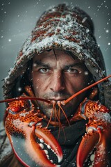 Wall Mural -  A man, clad in a knitted hat, holds two lobsters near his face amidst falling snow Snowflakes also cover his visage