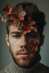 Wall Mural -  A close-up of a man wearing a sweater, leaves on his head, and leaves covering his face Behind him, there's a man's head without any foliage