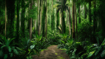 panorama banner background of tropical forest landscape scene for using in concept of environmental ecology and sustainable energy or Earth day, wild wood scenic using for wallpaper of spa and tourism