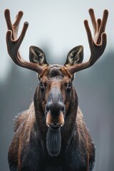 Wall Mural - large antlers atop its head, nostrils flaring as it gazes into the camera Background softly blurred