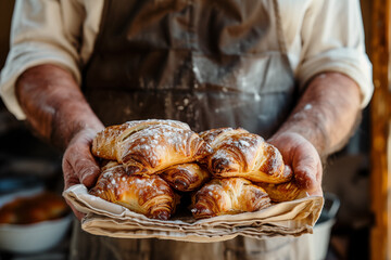 A man holding a freshly baked sweet pastry on a napkin. The theme of cooking, food and dessert. 