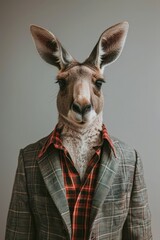 Wall Mural -  A kangaroo in a suit and tie, sporting a shocked expression, stands before a gray backdrop Wearing a red and white checkered shirt