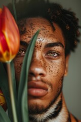 Wall Mural -  A man with freckles on his face holds a flower before him, gazing at the camera with a serious expression