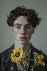 Wall Mural -  A man, sporting freckled hair, dons a leather jacket He holds a sunflower before his face