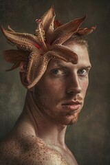 Wall Mural -  A man with a flower atop his head and freckles dotting his face and shoulders in a tight shot