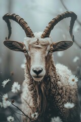  A goat with long horns stands in a field of daisies on a foggy day