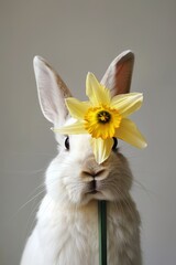 Wall Mural -  A white rabbit holds a yellow flower atop its head, while wielding a green stick in front of its face