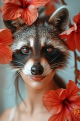 Wall Mural -  A woman wearing floral headband, encircled by a raccoon with flowers instead of its usual markings, stands amidst red blooms